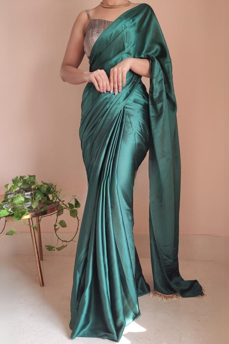Entrancing 1-Minute Ready To Wear Emerald Green Satin Silk Saree