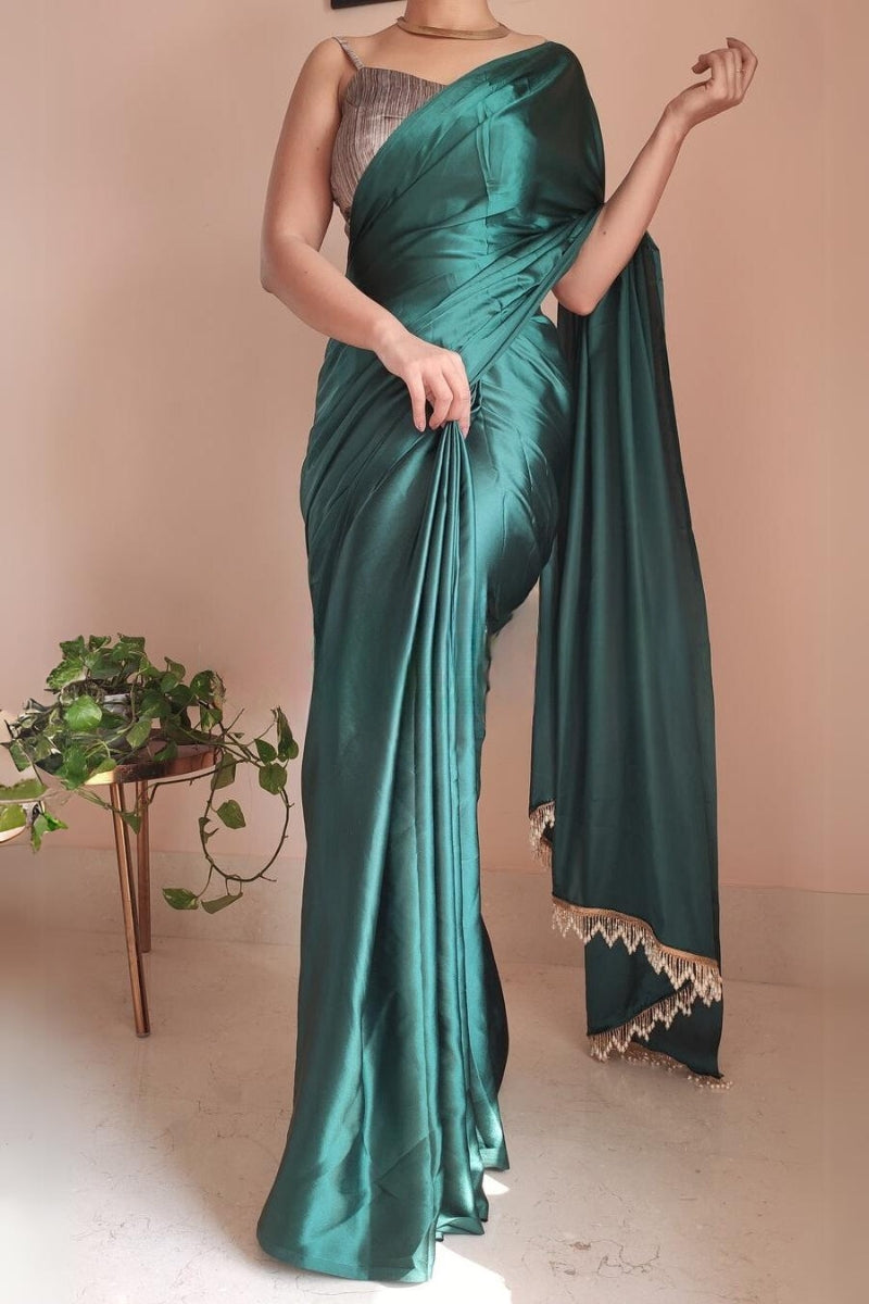 Entrancing 1-Minute Ready To Wear Emerald Green Satin Silk Saree