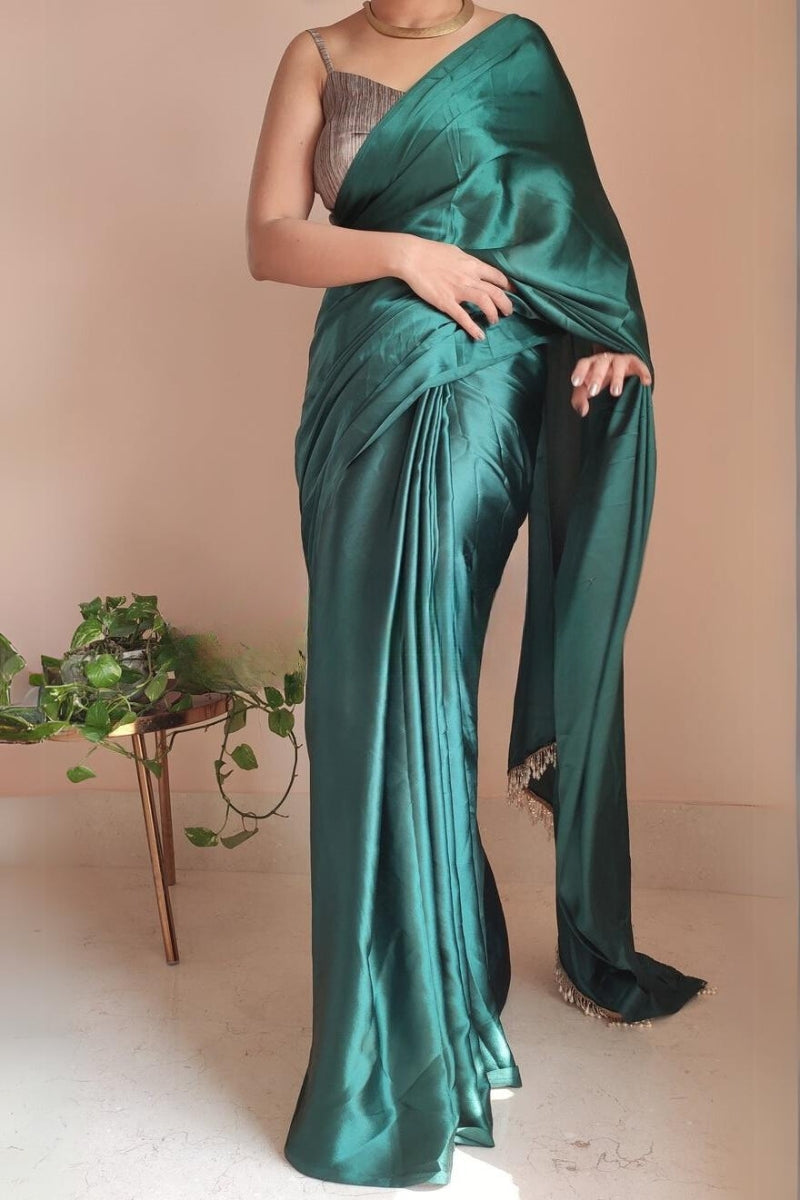Entrancing 1-Minute Ready To Wear Emerald Green Satin Silk Saree