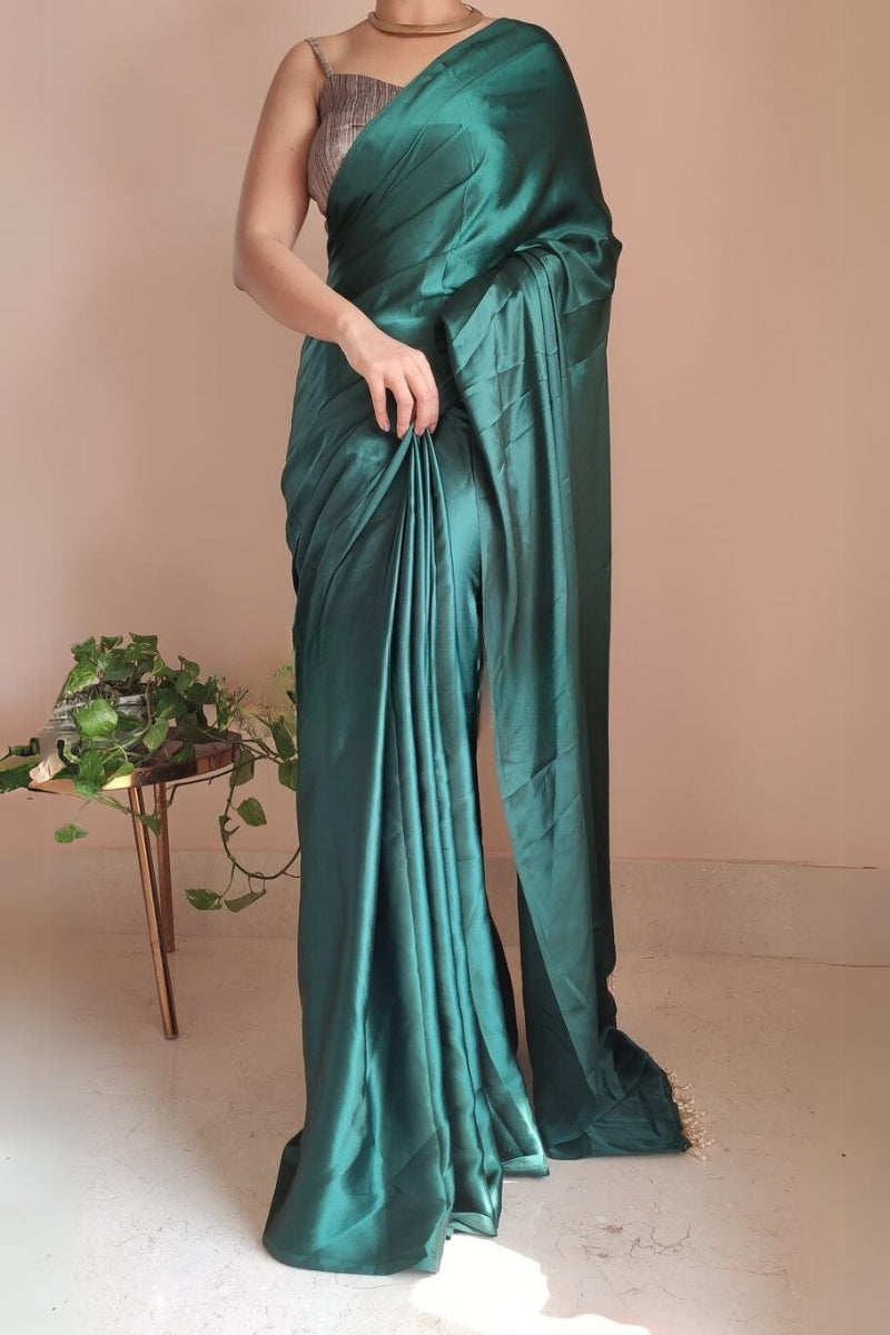 Entrancing 1-Minute Ready To Wear Emerald Green Satin Silk Saree