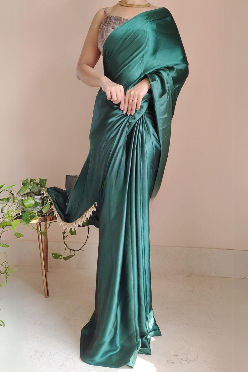 Entrancing 1-Minute Ready To Wear Emerald Green Satin Silk Saree