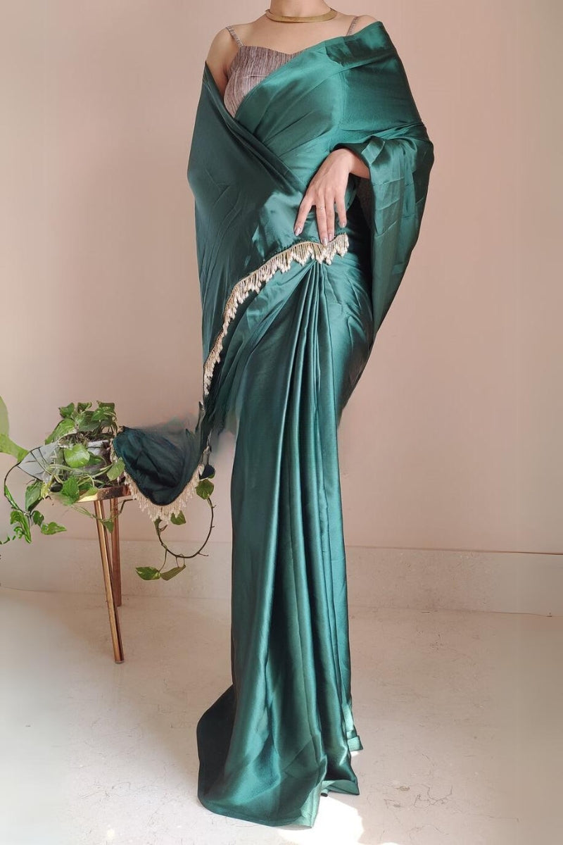 Entrancing 1-Minute Ready To Wear Emerald Green Satin Silk Saree