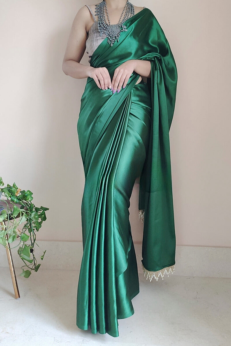 Mesmerising 1-Minute Ready To Wear Forest Green Satin Silk Saree