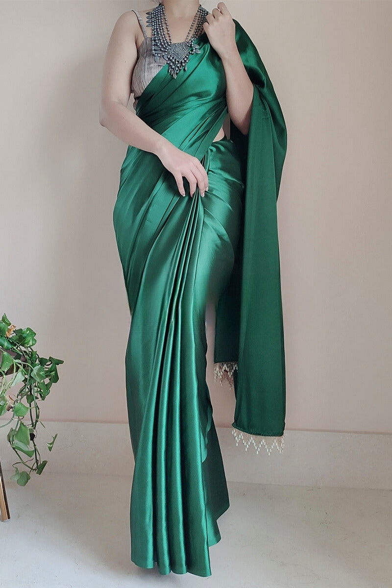 Mesmerising 1-Minute Ready To Wear Forest Green Satin Silk Saree