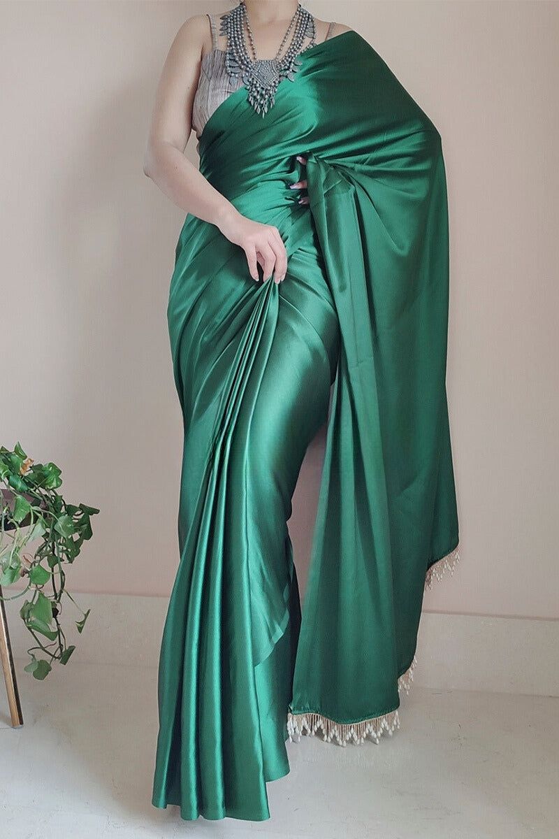 Mesmerising 1-Minute Ready To Wear Forest Green Satin Silk Saree