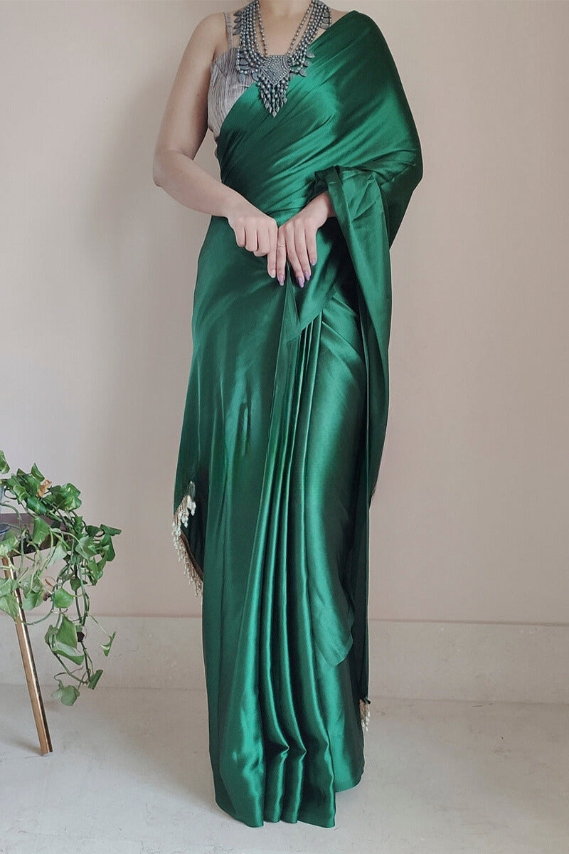 Mesmerising 1-Minute Ready To Wear Forest Green Satin Silk Saree