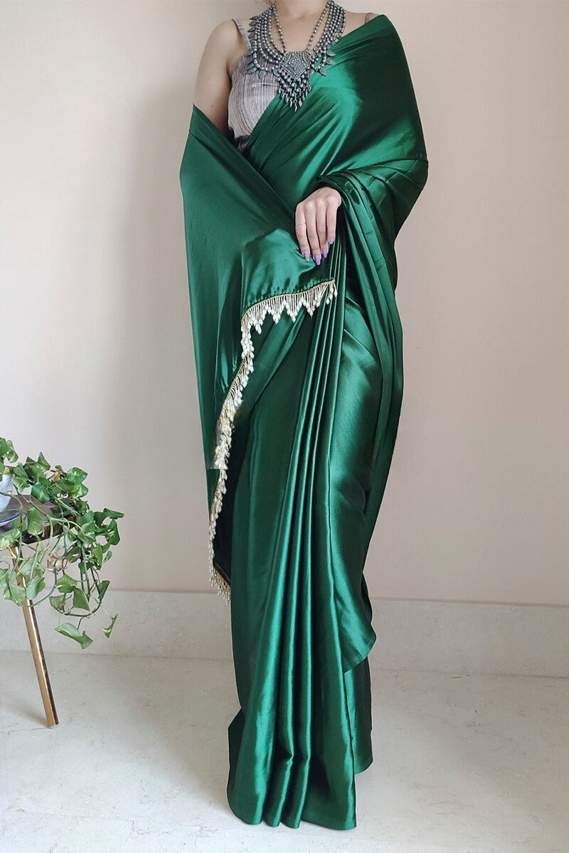 Mesmerising 1-Minute Ready To Wear Forest Green Satin Silk Saree