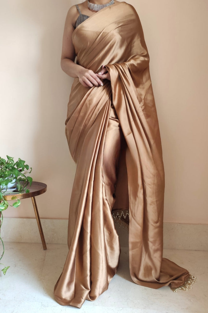 Adoring 1-Minute Ready To Wear Golden Brown Satin Silk Saree