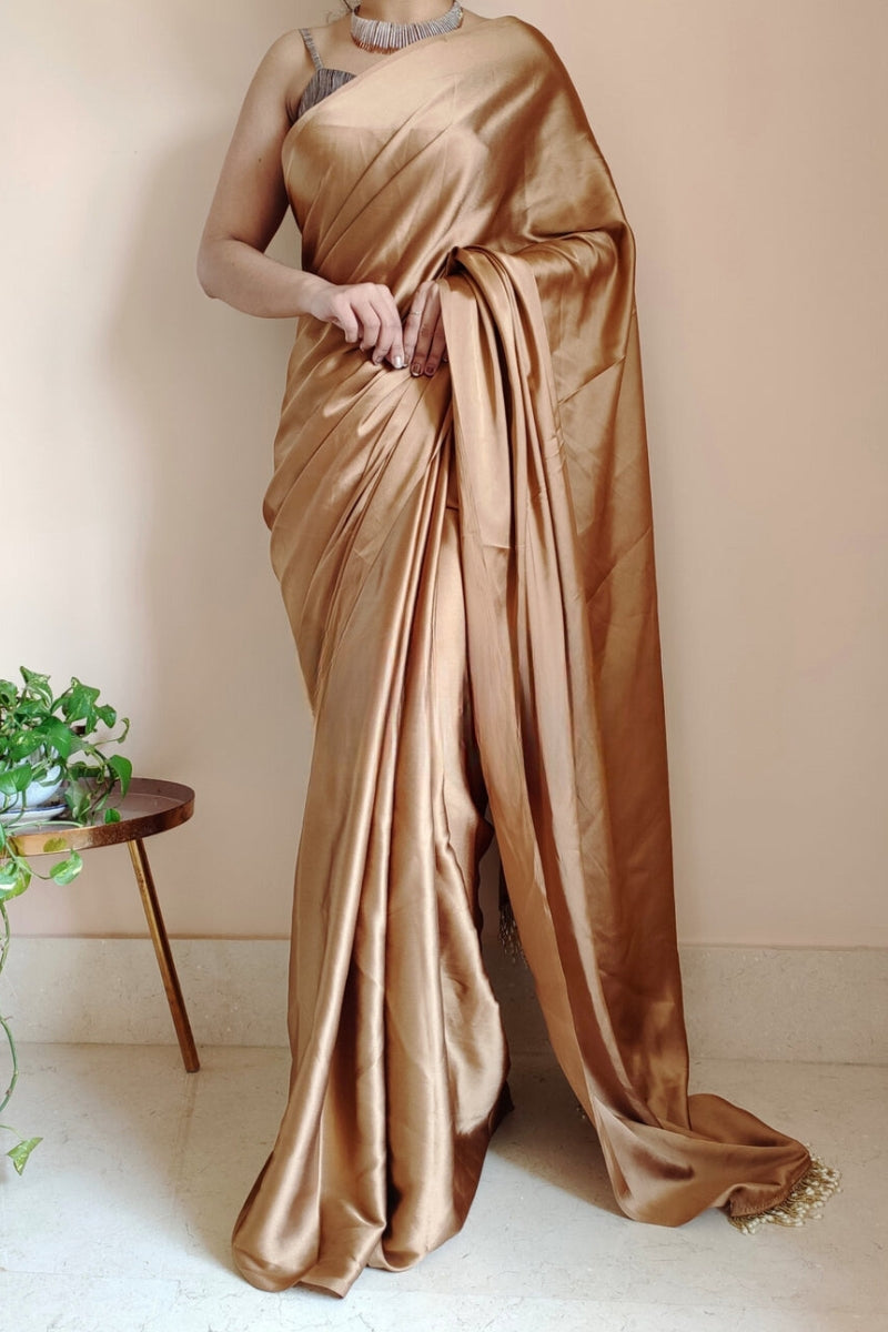 Adoring 1-Minute Ready To Wear Golden Brown Satin Silk Saree