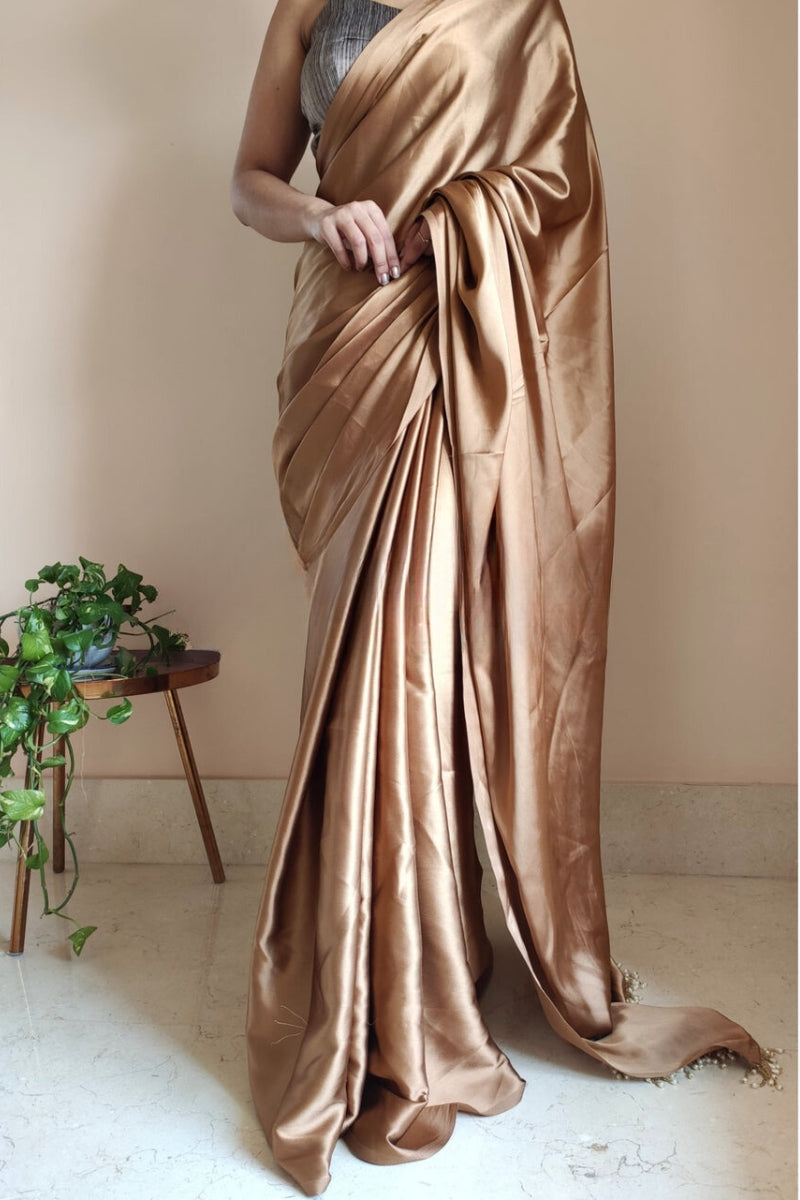 Adoring 1-Minute Ready To Wear Golden Brown Satin Silk Saree
