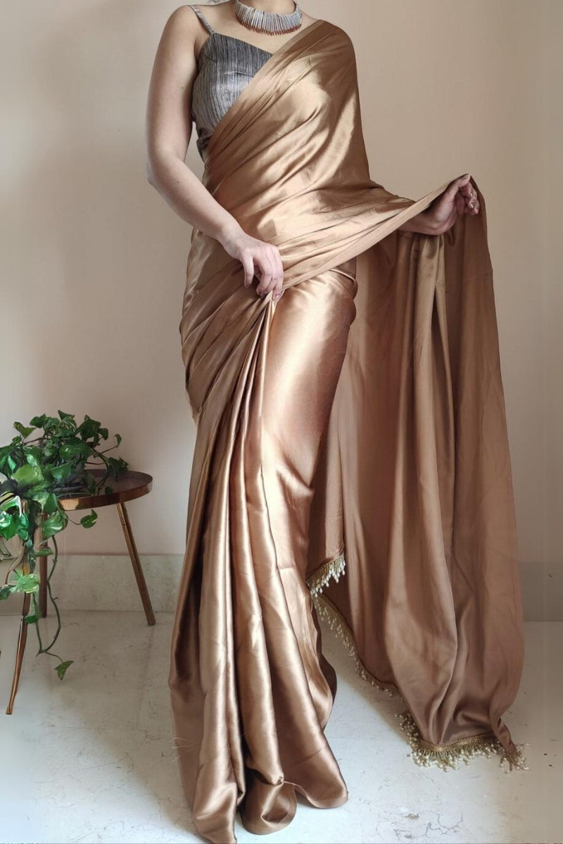 Adoring 1-Minute Ready To Wear Golden Brown Satin Silk Saree