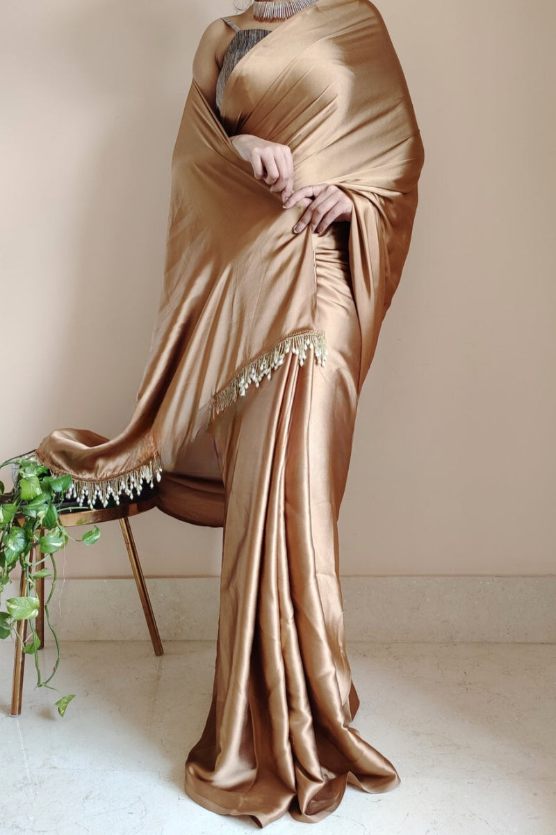 Adoring 1-Minute Ready To Wear Golden Brown Satin Silk Saree