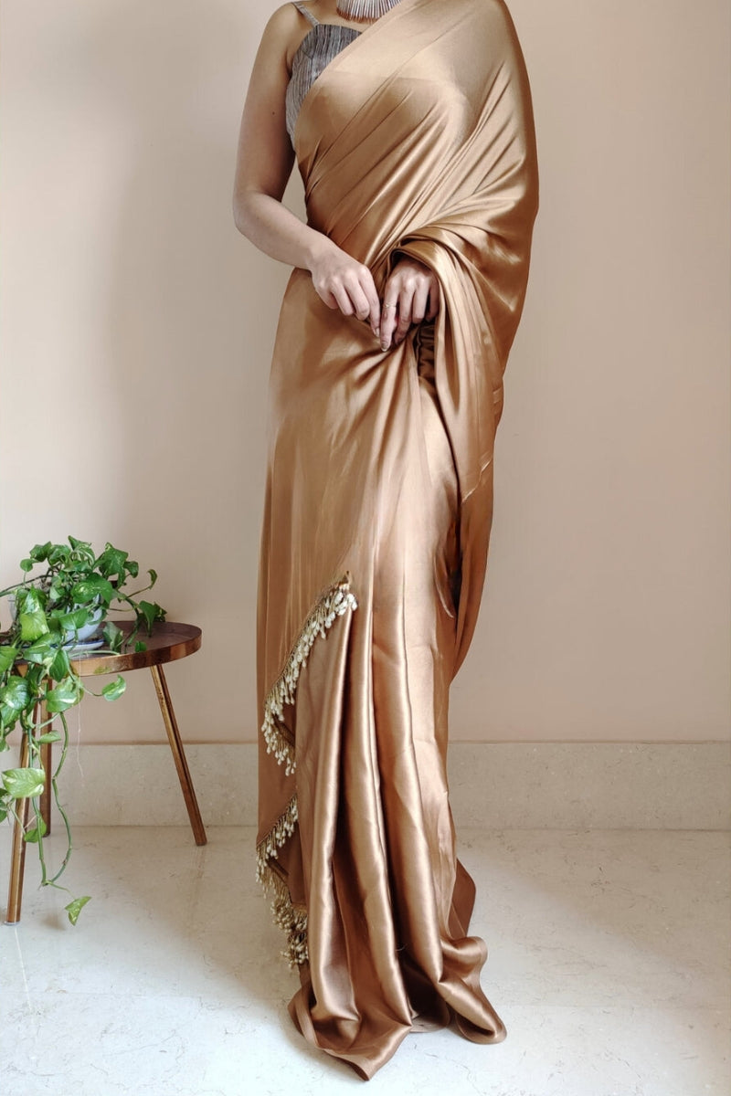 Adoring 1-Minute Ready To Wear Golden Brown Satin Silk Saree
