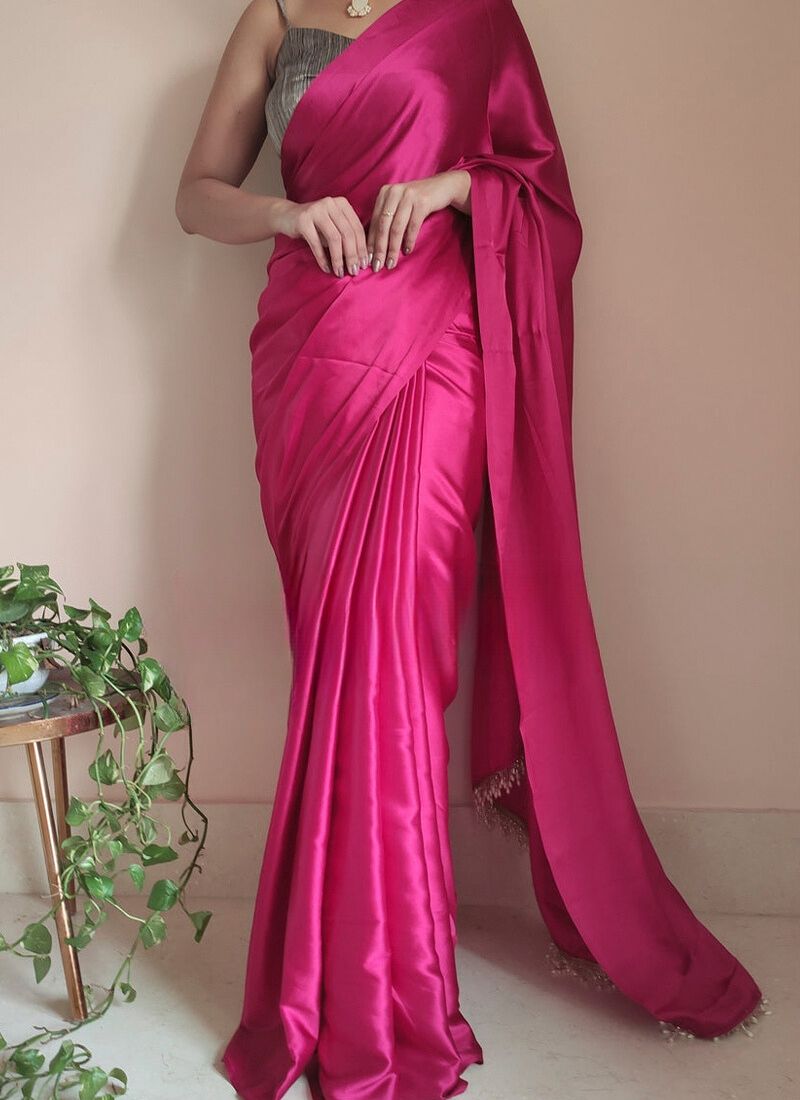 Classy 1-Minute Ready To Wear Hot Pink Satin Silk Saree