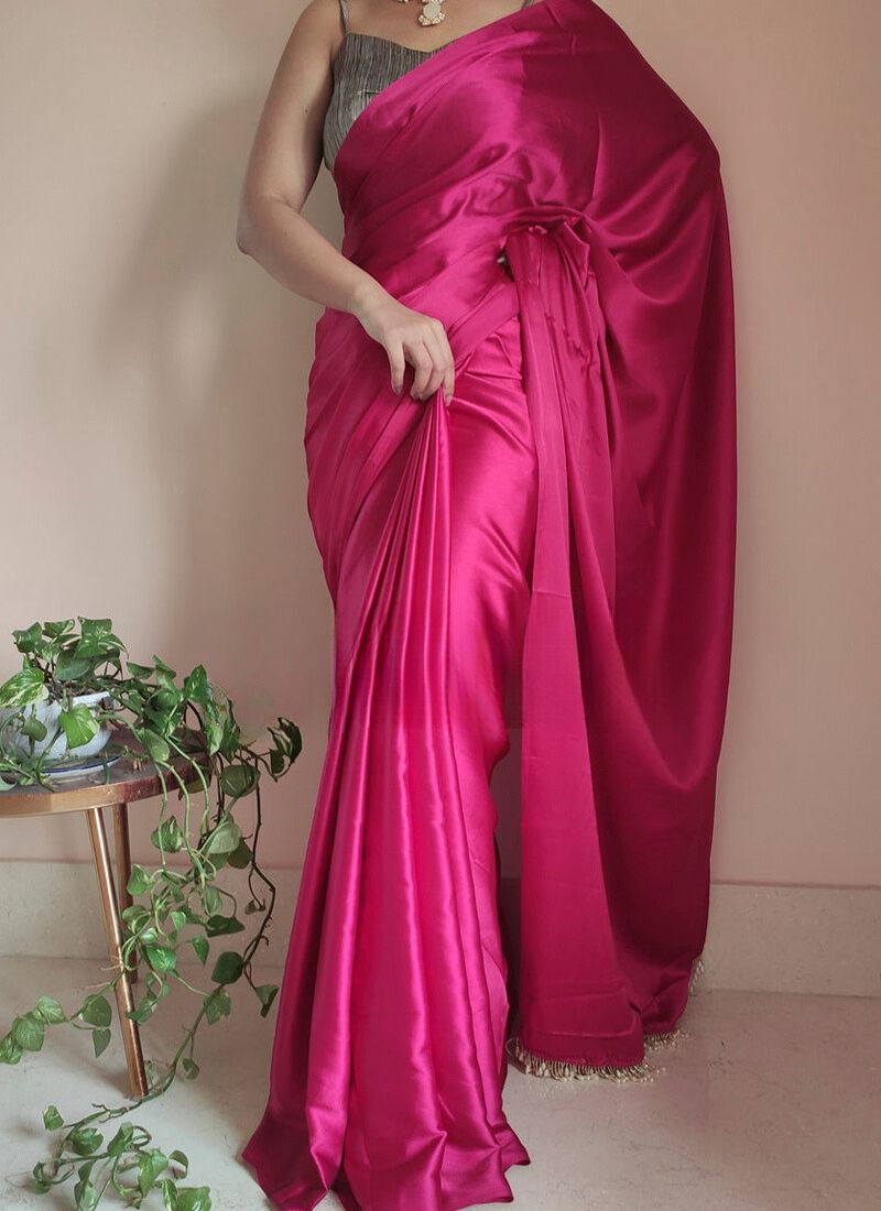 Classy 1-Minute Ready To Wear Hot Pink Satin Silk Saree