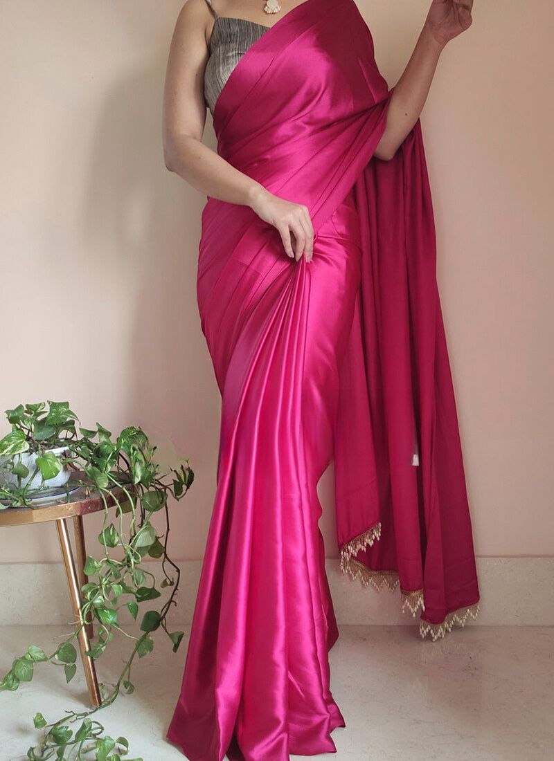 Classy 1-Minute Ready To Wear Hot Pink Satin Silk Saree