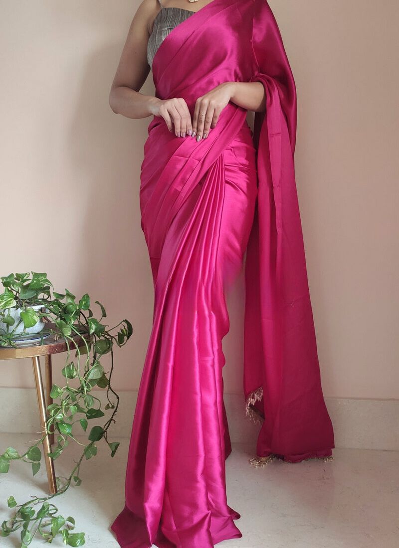 Classy 1-Minute Ready To Wear Hot Pink Satin Silk Saree