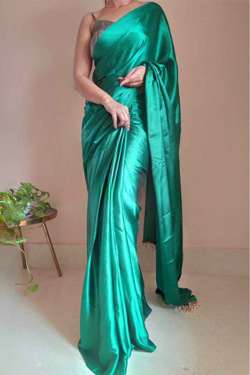 Extraordinary 1-Minute Ready To Wear Jade Green Satin Silk Saree