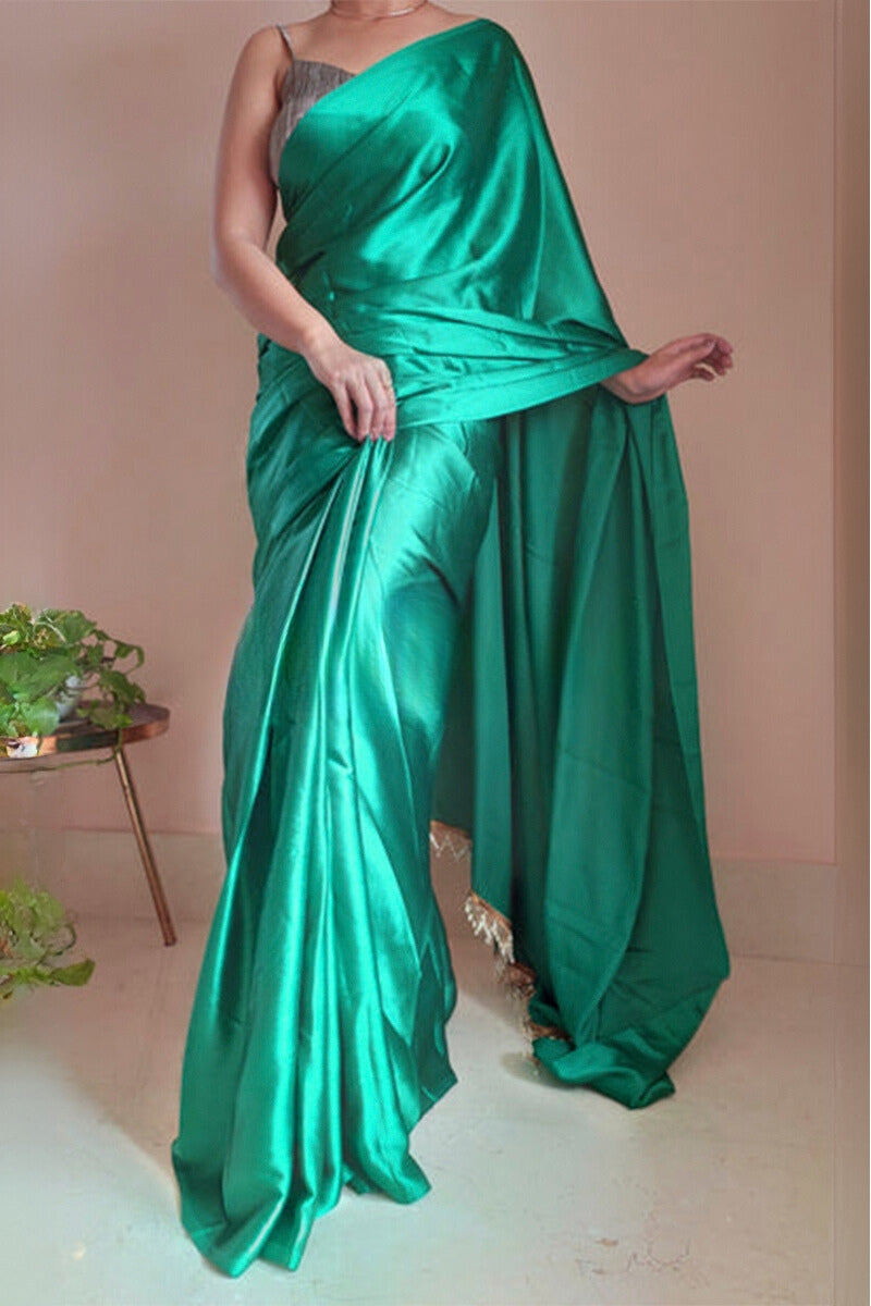 Extraordinary 1-Minute Ready To Wear Jade Green Satin Silk Saree
