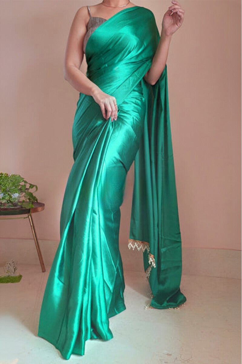 Extraordinary 1-Minute Ready To Wear Jade Green Satin Silk Saree