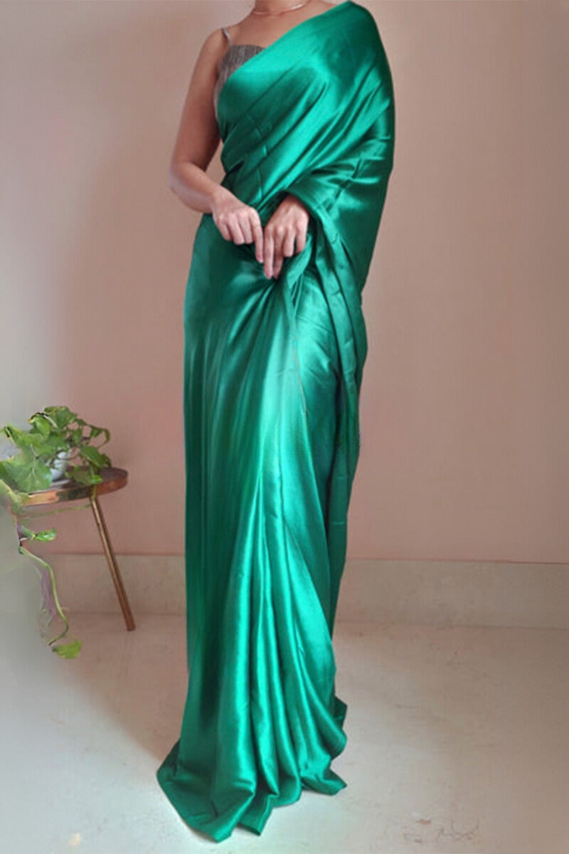 Extraordinary 1-Minute Ready To Wear Jade Green Satin Silk Saree