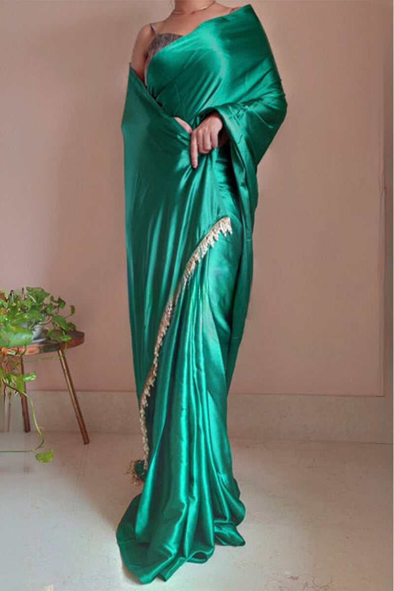 Extraordinary 1-Minute Ready To Wear Jade Green Satin Silk Saree