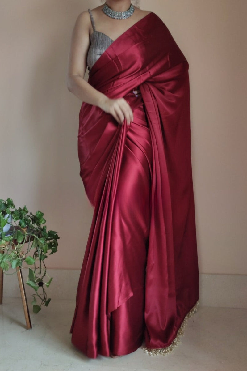 Desultory 1-Minute Ready To Wear Maroon Satin Silk Saree