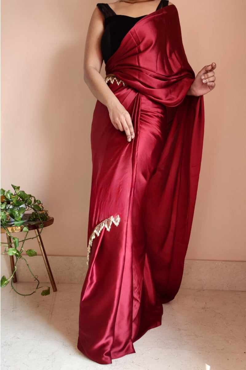 Desultory 1-Minute Ready To Wear Maroon Satin Silk Saree