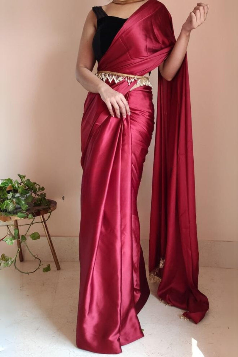 Desultory 1-Minute Ready To Wear Maroon Satin Silk Saree