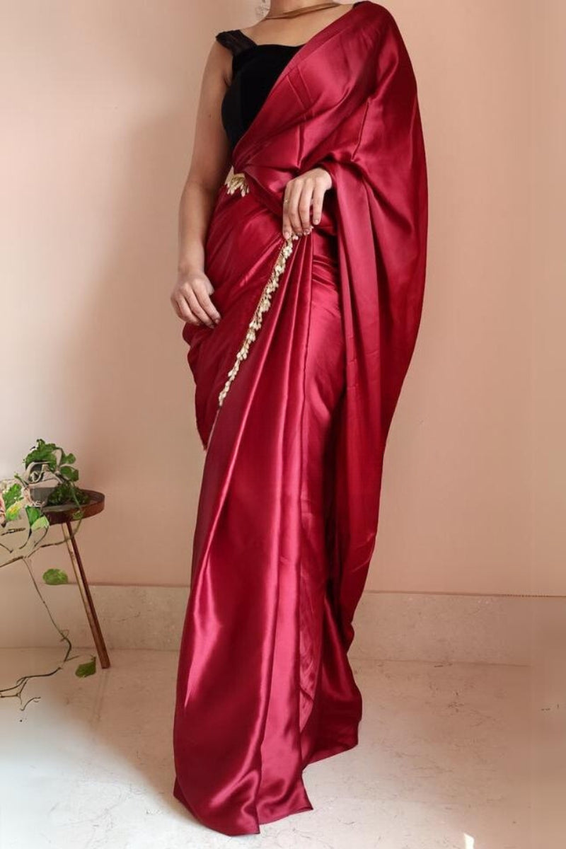 Desultory 1-Minute Ready To Wear Maroon Satin Silk Saree