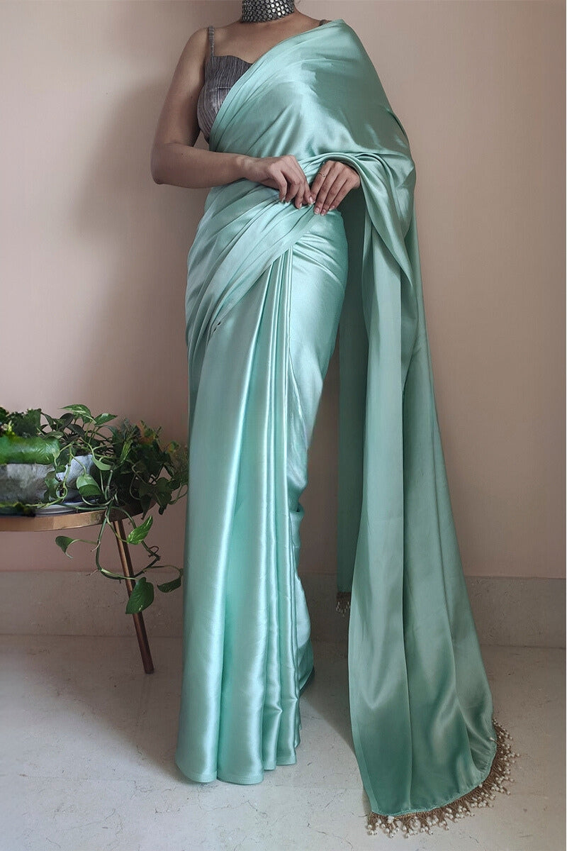 Woebegone 1-Minute Ready To Wear Mint Green Satin Silk Saree