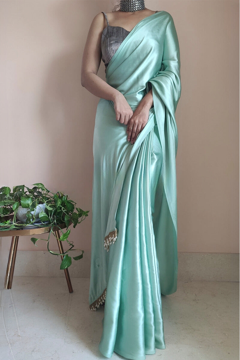 Woebegone 1-Minute Ready To Wear Mint Green Satin Silk Saree