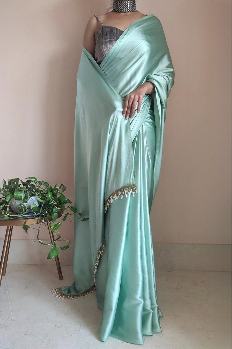Woebegone 1-Minute Ready To Wear Mint Green Satin Silk Saree
