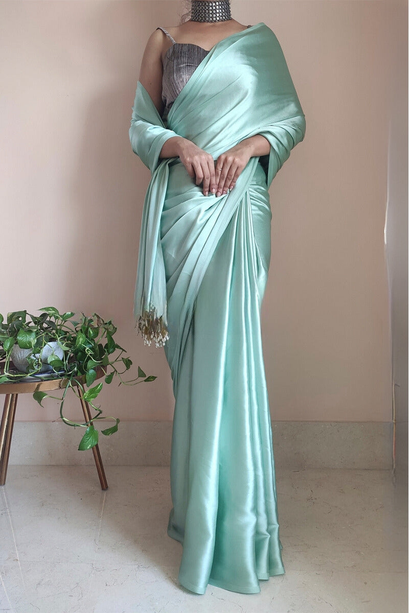 Woebegone 1-Minute Ready To Wear Mint Green Satin Silk Saree