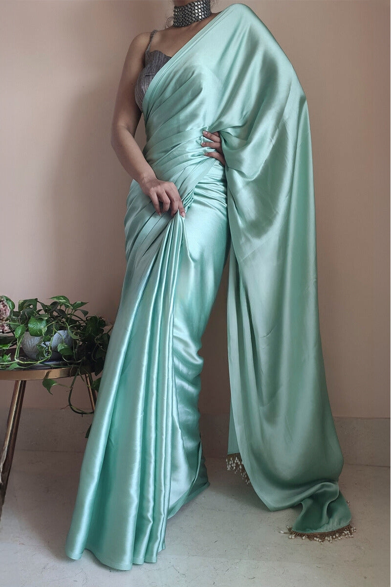 Woebegone 1-Minute Ready To Wear Mint Green Satin Silk Saree