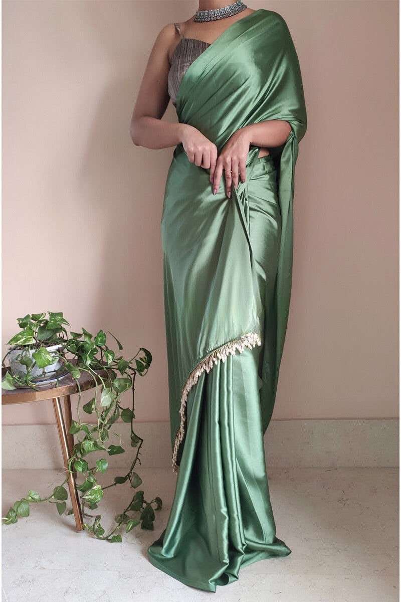 Gorgeous 1-Minute Ready To Wear Moss Green Satin Silk Saree