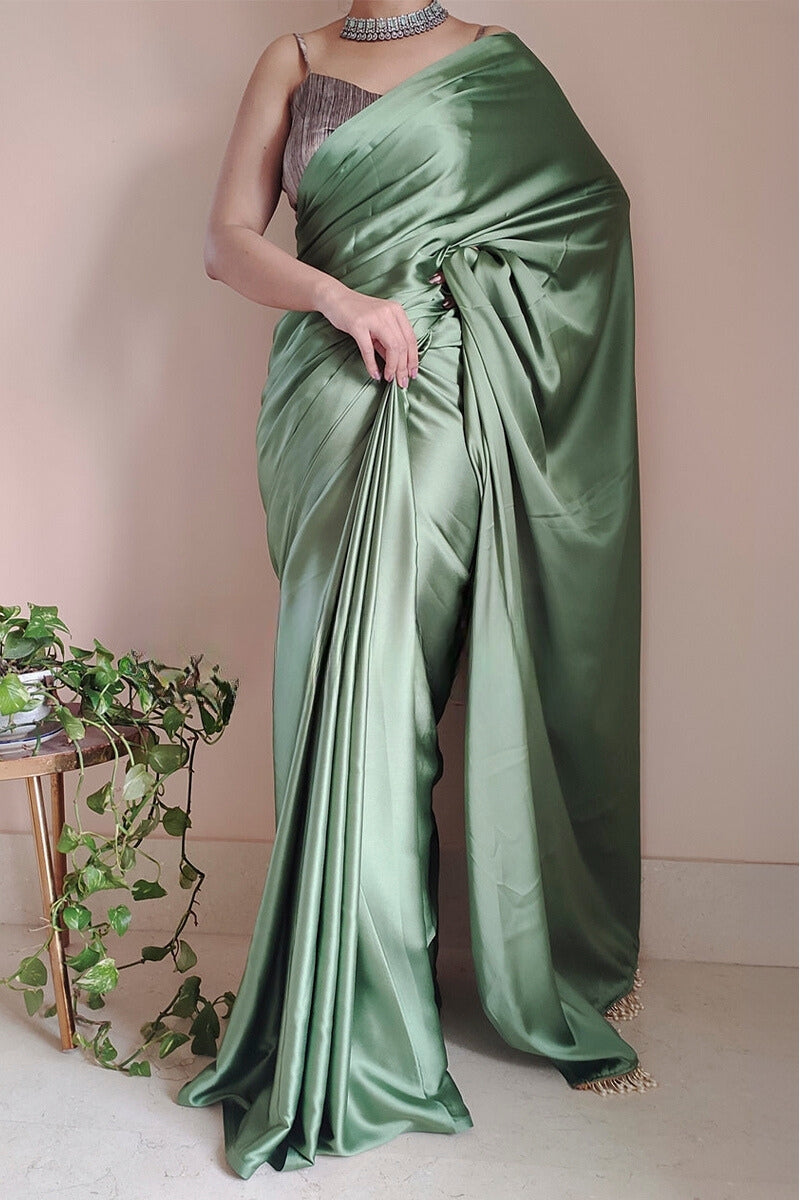 Gorgeous 1-Minute Ready To Wear Moss Green Satin Silk Saree
