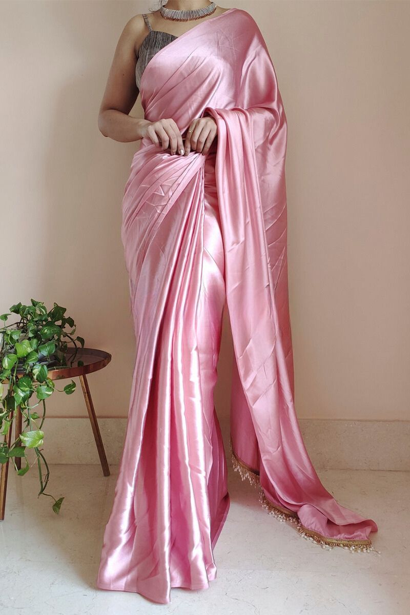 Prodigal 1-Minute Ready To Wear Old Rose Pink Satin Silk Saree