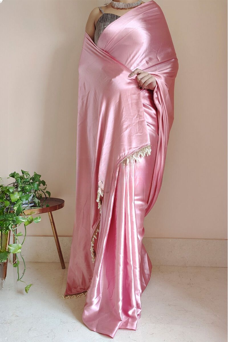 Prodigal 1-Minute Ready To Wear Old Rose Pink Satin Silk Saree