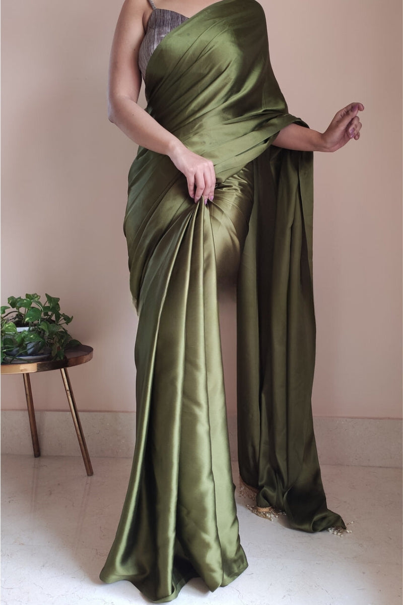 Nemesis 1-Minute Ready To Wear Olive Green Satin Silk Saree