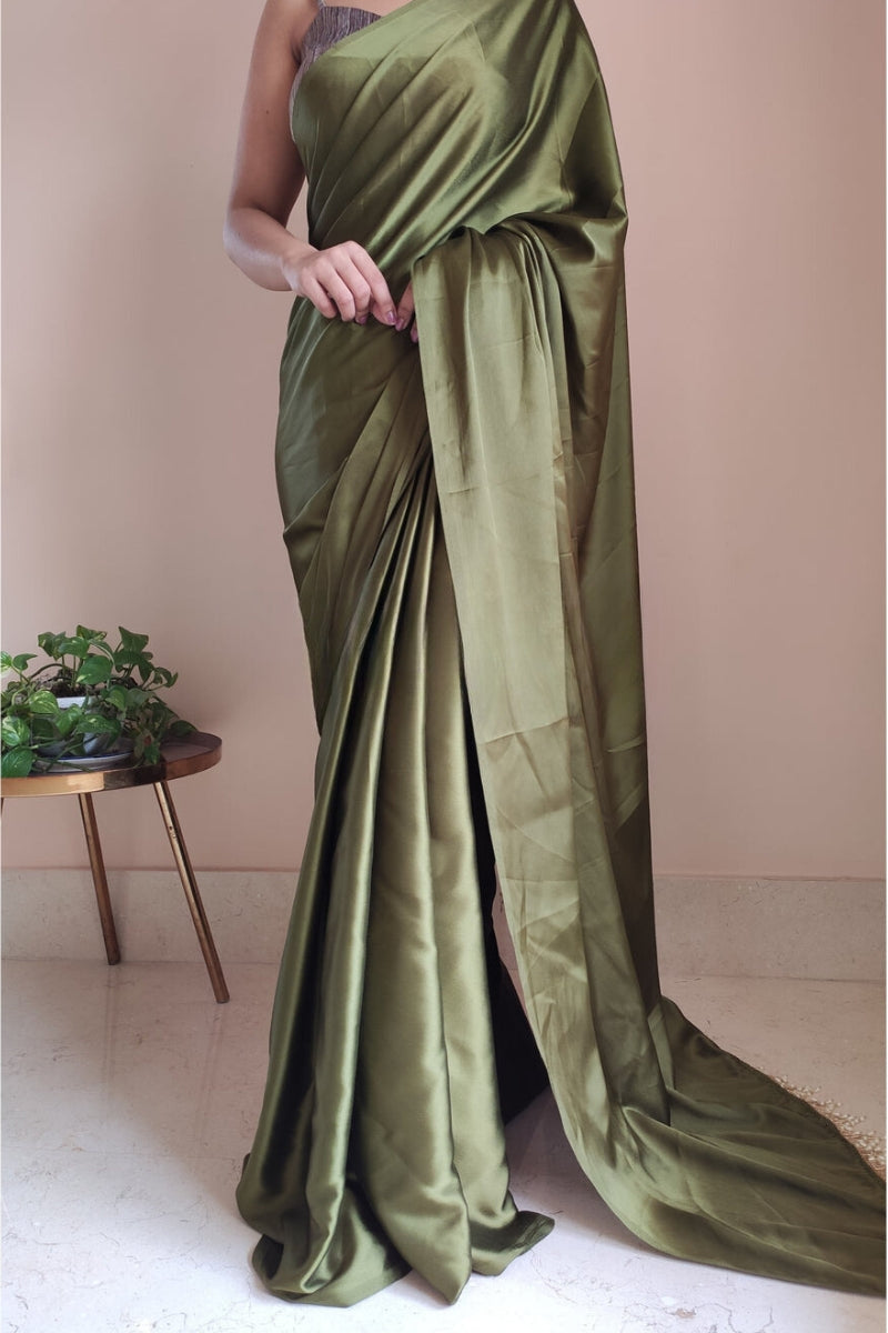 Nemesis 1-Minute Ready To Wear Olive Green Satin Silk Saree