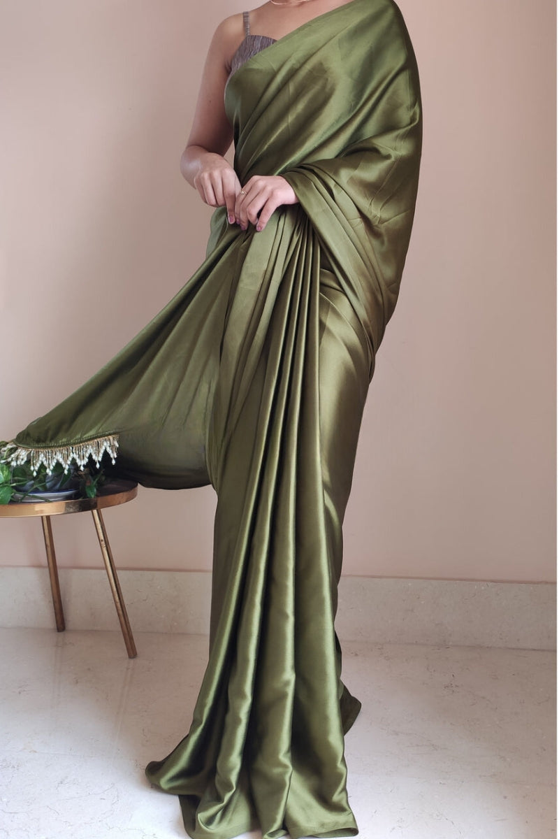 Nemesis 1-Minute Ready To Wear Olive Green Satin Silk Saree