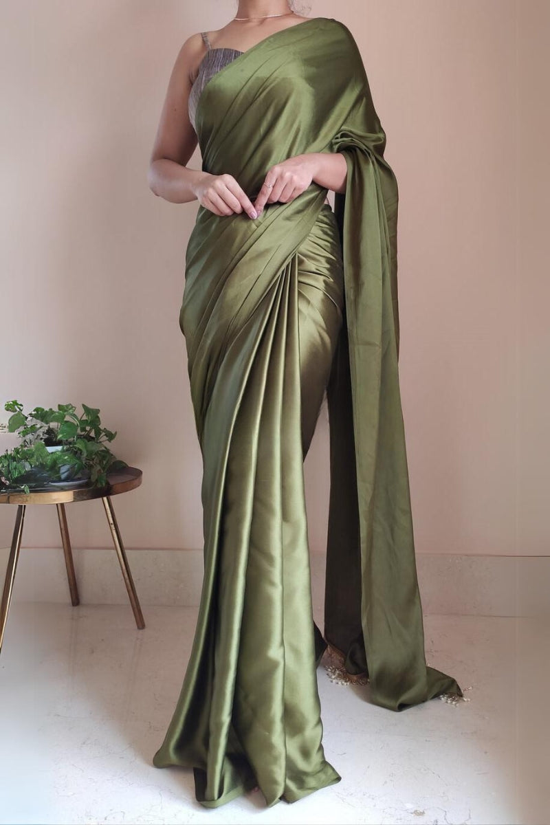 Nemesis 1-Minute Ready To Wear Olive Green Satin Silk Saree