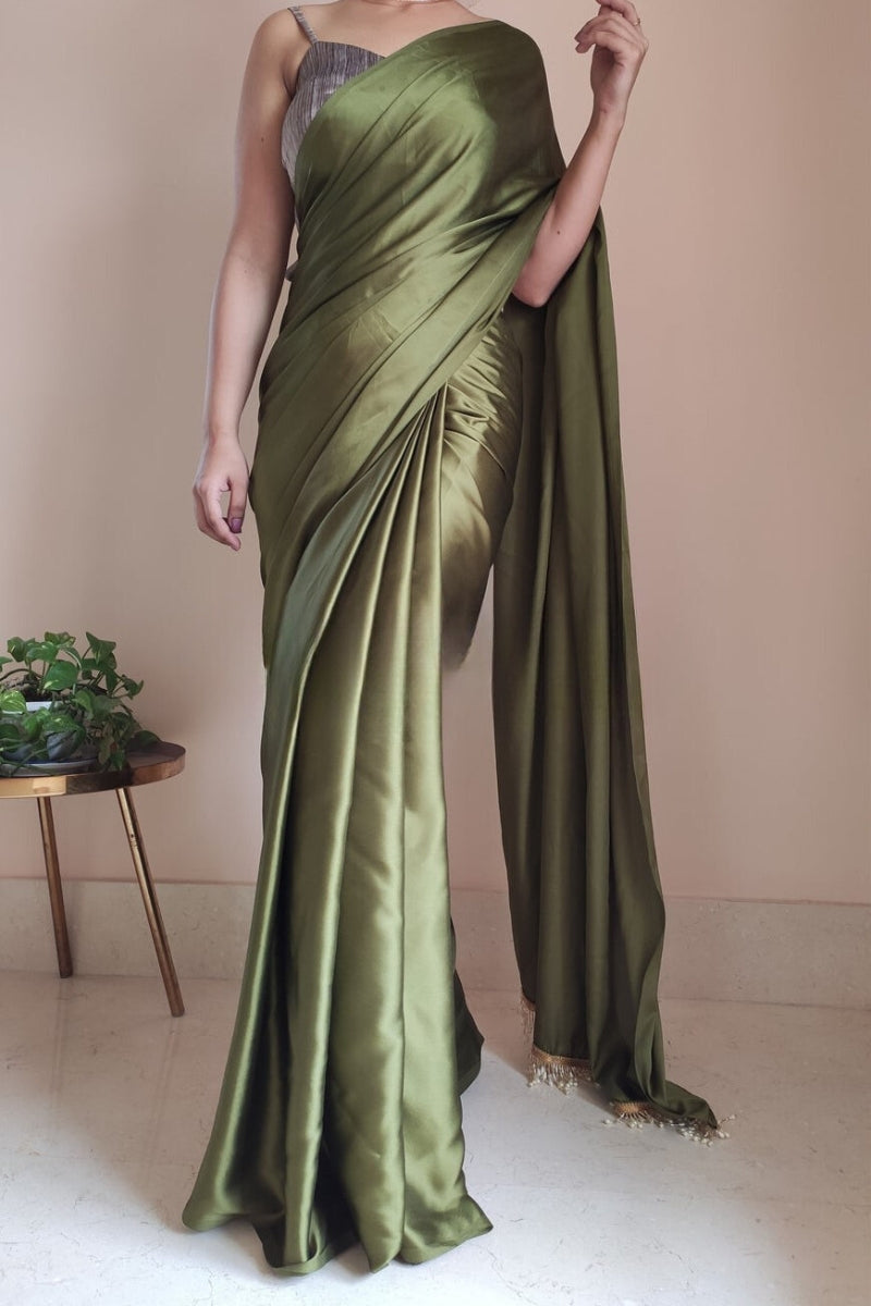 Nemesis 1-Minute Ready To Wear Olive Green Satin Silk Saree