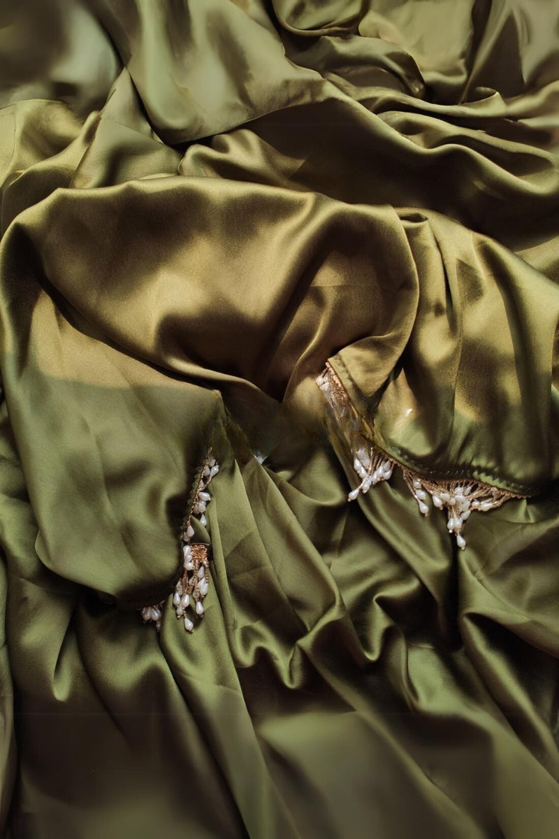 Nemesis 1-Minute Ready To Wear Olive Green Satin Silk Saree