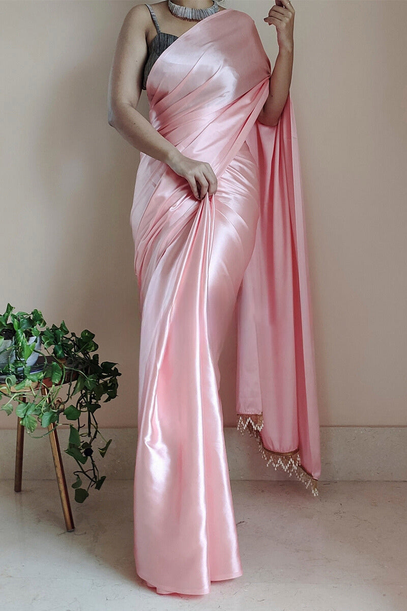Charming 1-Minute Ready To Wear Peach Satin Silk Saree