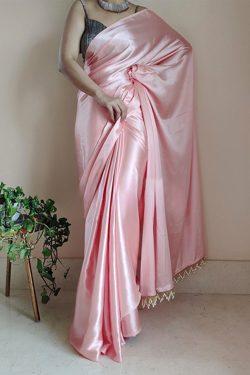 Charming 1-Minute Ready To Wear Peach Satin Silk Saree