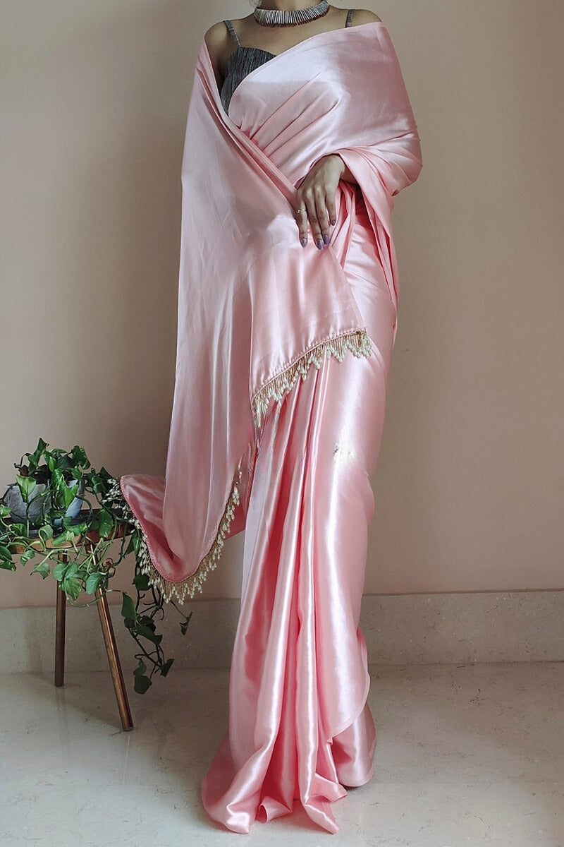 Charming 1-Minute Ready To Wear Peach Satin Silk Saree