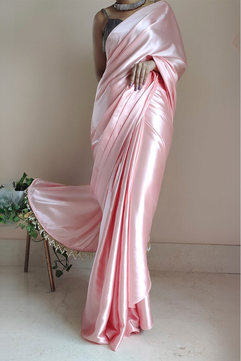 Charming 1-Minute Ready To Wear Peach Satin Silk Saree