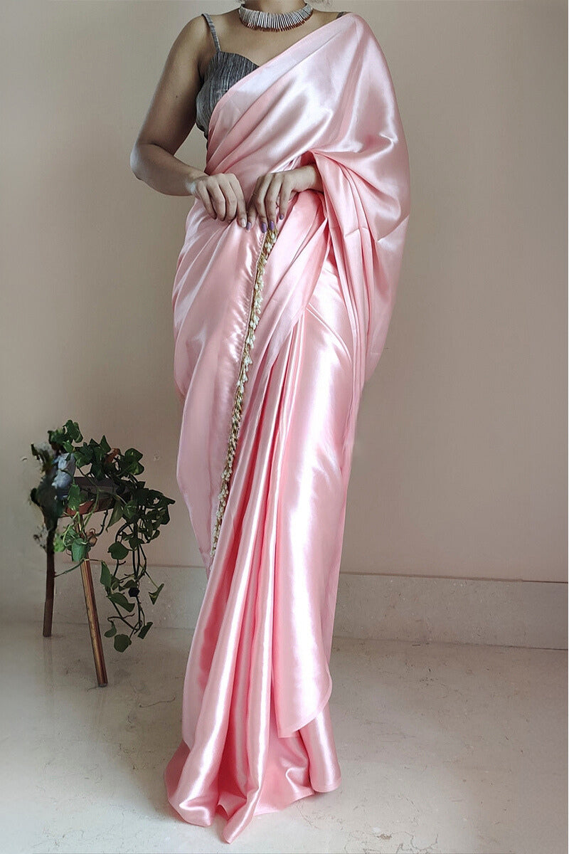 Charming 1-Minute Ready To Wear Peach Satin Silk Saree